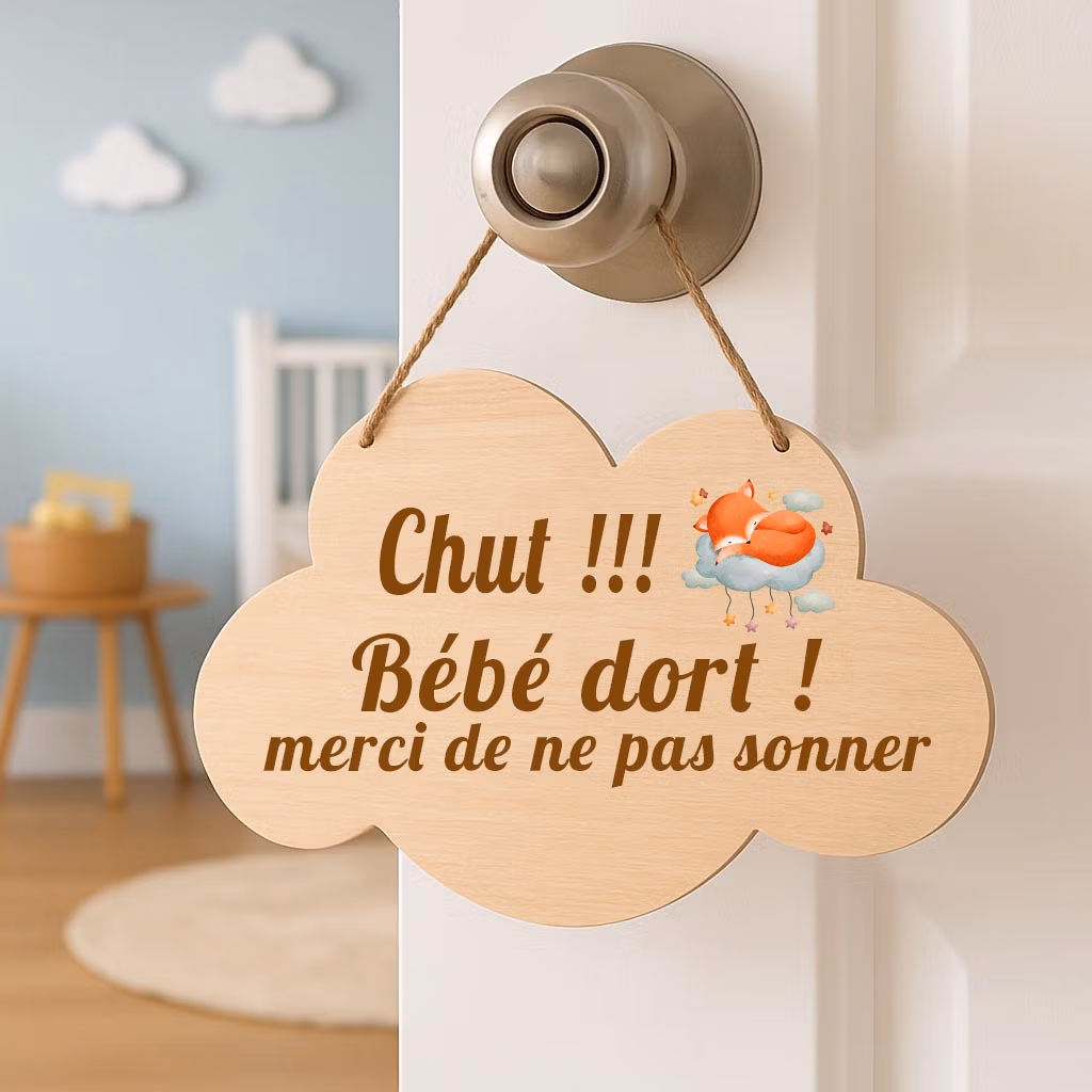 Plaque de porte en bois nuage – Chut bébé dort – Panneau décoratif chambre enfant – Cadeau naissance