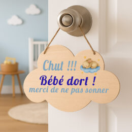 Plaque de porte bébé en bois nuage – Chut bébé dort – Décoration chambre enfant – Modèle  lapin