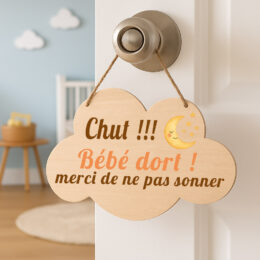 Plaque de porte bébé bois nuage – Chut bébé dort – Modèles renard, lapin, licorne ou lune – Décoration chambre enfant
