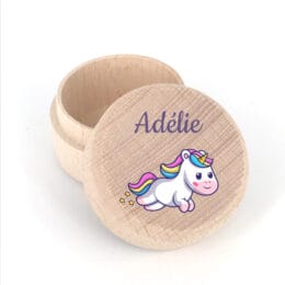 Boîte à dents personnalisée licorne – Cadeau de naissance en bois naturel
