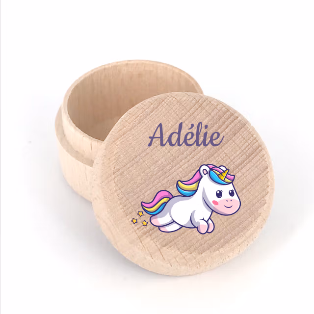 Bo&icirc;te &agrave; dents personnalis&eacute;e licorne &ndash; Cadeau de naissance en bois naturel